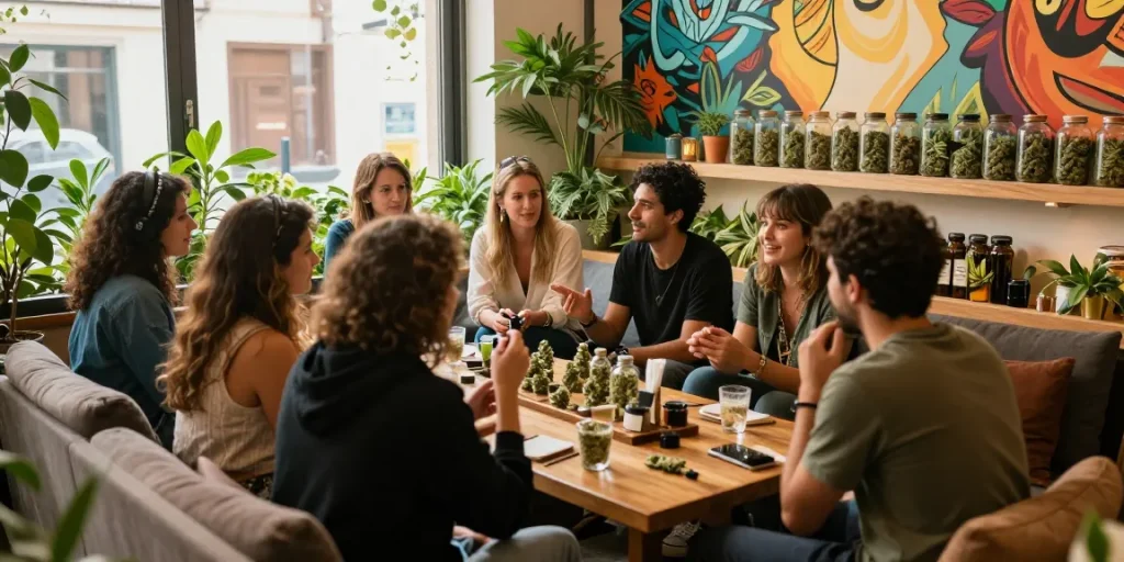 Cannabis Social Club Madrid members enjoying a vibrant community atmosphere, surrounded by greenery and art, sharing and relaxing.