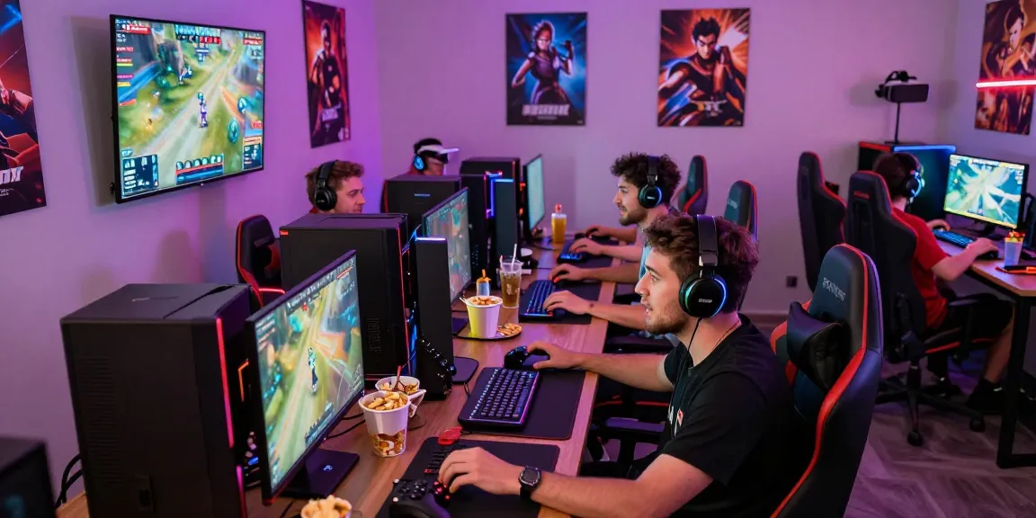 GAMING - https://levitraps.com menghadirkan suasana lounge gaming yang penuh warna dengan gamer bersemangat menikmati permainan multiplayer.