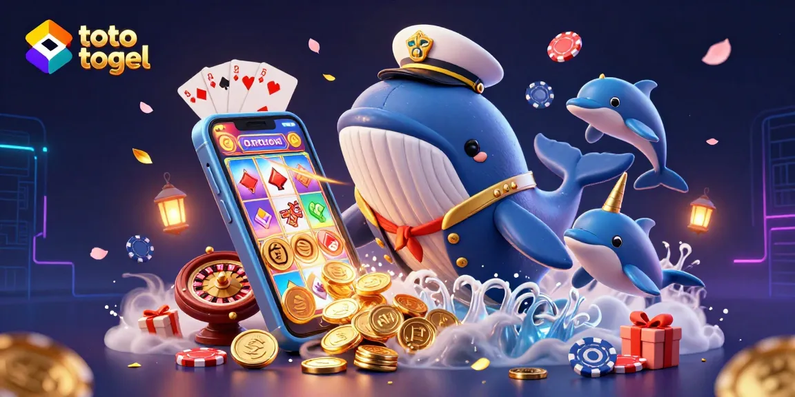 Experience the thrill of toto togel with a vibrant scene showcasing a cartoon whale and narwhal amidst symbols of winning.